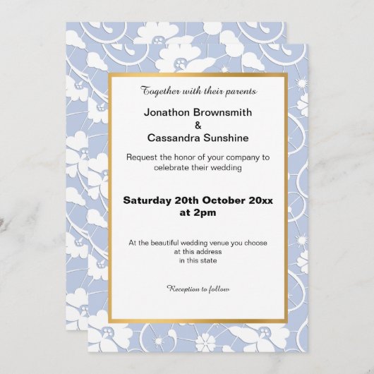 ヴィンテージエレガントコーンフラワーブルー結婚レース 招待状 (正面/裏面)