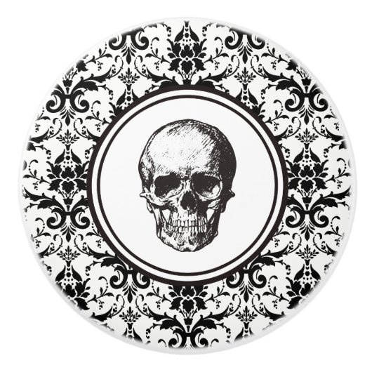 ヴィンテージエレガントゴシックブラックダマスクスカル セラミックノブ (正面)