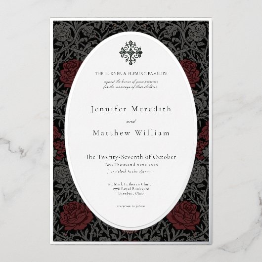 ヴィンテージエレガントゴシック様式のムーディオ結婚ボタニカル 箔招待状 (正面)