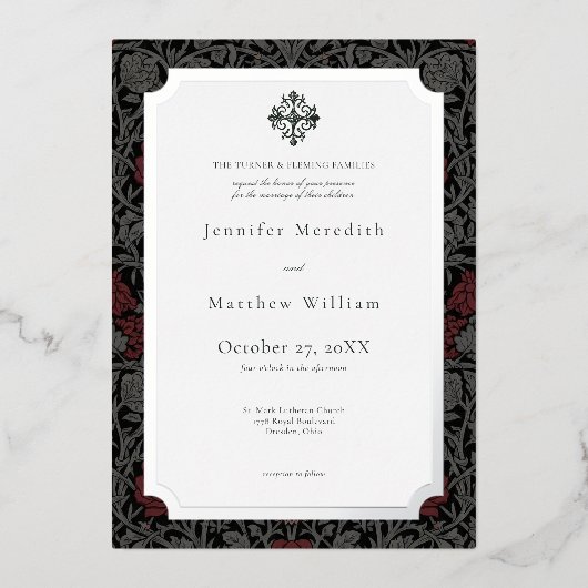 ヴィンテージエレガントゴシック様式のムーディオ結婚ボタニカル 箔招待状 (正面)