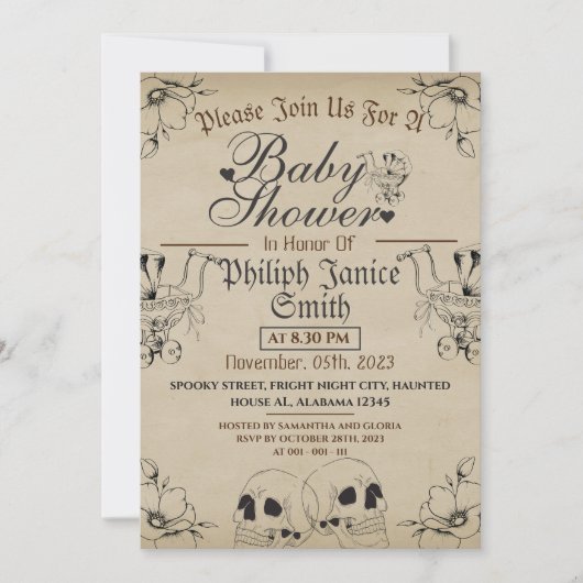 ヴィンテージエレガントゴシック，ハロウィーンベイビーシャワー 招待状 (正面)
