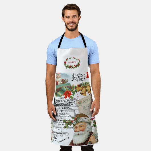 ヴィンテージエレガントサンタコラージクリスマス エプロン (着用した状態)