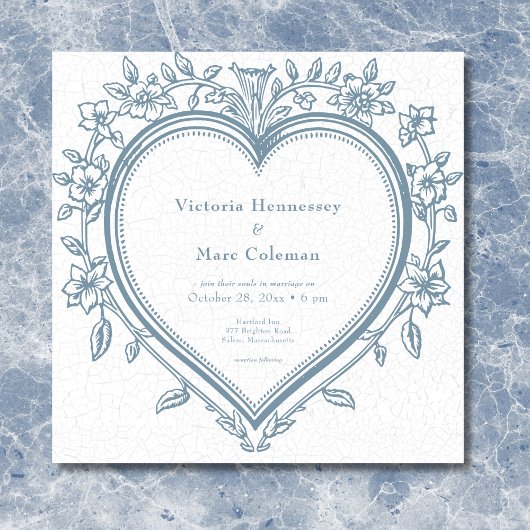 ヴィンテージエレガントシノイスリーブルーハート結婚ズ 招待状