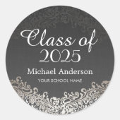 ヴィンテージエレガントシルバーのダマスクの卒業クラス ラウンドシール (正面)