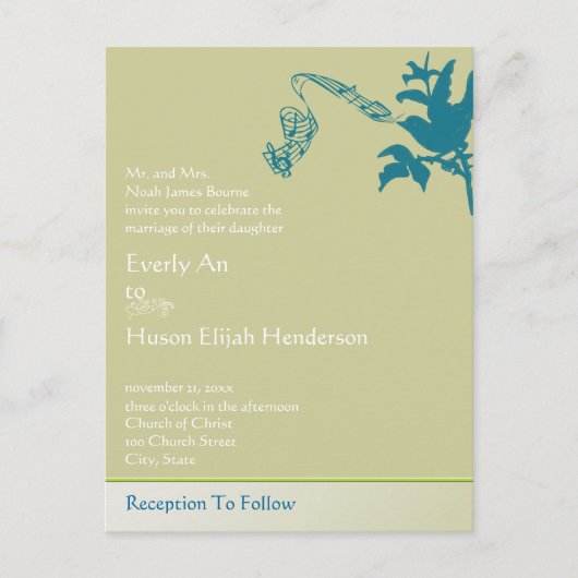 ヴィンテージエレガントシーブルーバード結婚式招待状 インビテーションポストカード (正面)