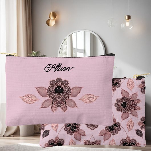 ヴィンテージエレガントスタイルのピンクと黒のレース アクセサリーポーチ