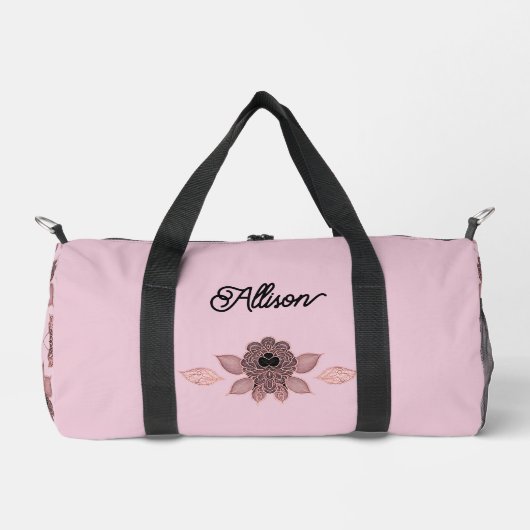 ヴィンテージエレガントスタイルのピンクと黒のレース ダッフルバッグ (正面)