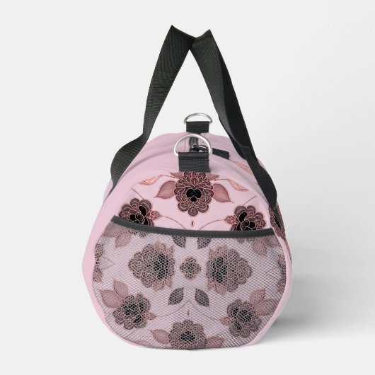 ヴィンテージエレガントスタイルのピンクと黒のレース ダッフルバッグ (右)