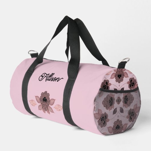 ヴィンテージエレガントスタイルのピンクと黒のレース ダッフルバッグ (右コーナー)