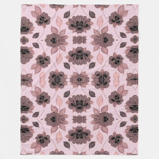 ヴィンテージエレガントスタイルのピンクと黒のレース フリースブランケット (正面)