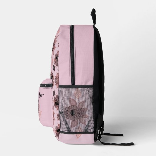 ヴィンテージエレガントスタイルのピンクと黒のレース プリントバックパック (右)