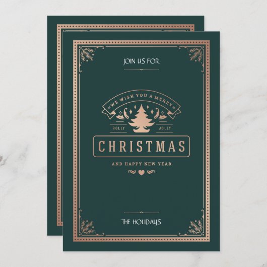 ヴィンテージエレガントスタイルハンターグリーンクリスマスパーティー 招待状 (正面/裏面)