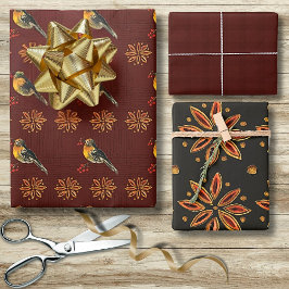 ヴィンテージエレガントスタイルバーズクリスマスポインセチア ラッピングペーパーシート