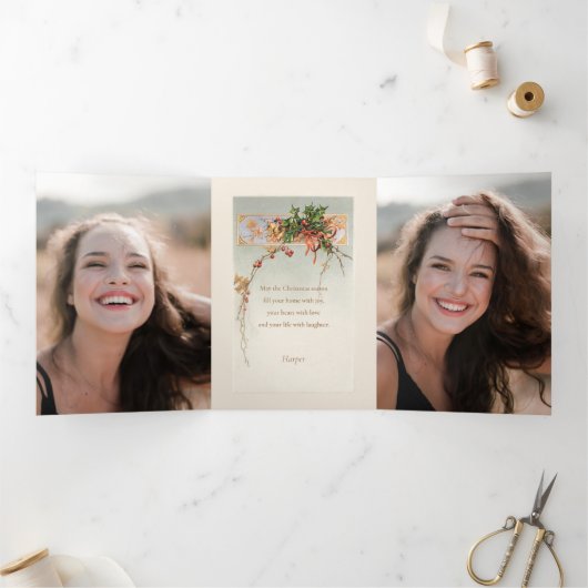 ヴィンテージエレガントスタイルホリーと写真 三つ折りクリスマスカード (内部)