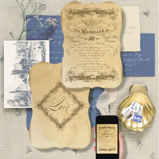 ヴィンテージエレガントステンドアンティーク結婚ズ 招待状