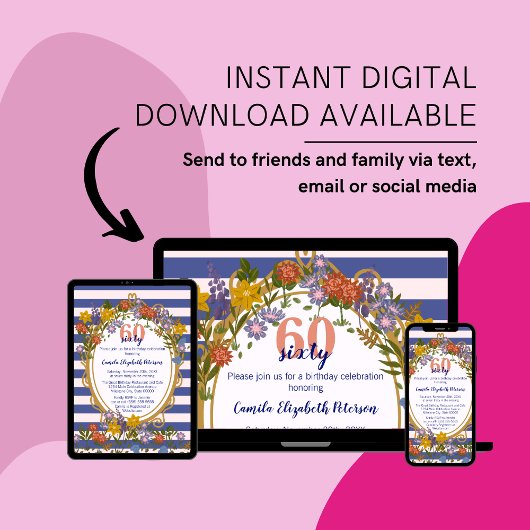 ヴィンテージエレガントストライプのフローラネイビーブルー誕生日 招待状