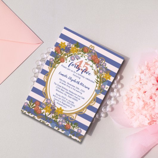 ヴィンテージエレガントストライプのフローラネイビーブルー誕生日 招待状