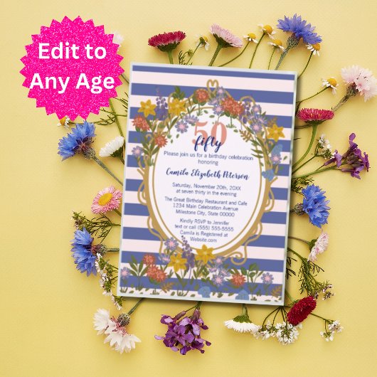ヴィンテージエレガントストライプのフローラネイビーブルー誕生日 招待状
