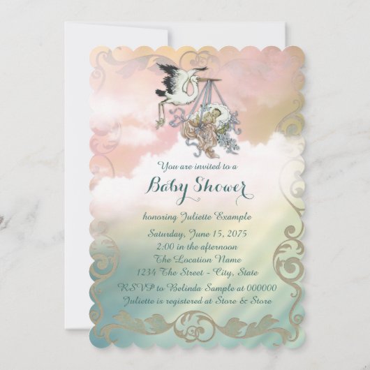 ヴィンテージエレガントストーク赤ちゃんシャワー 招待状 (裏面)