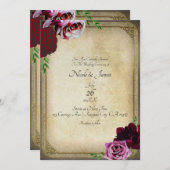 ヴィンテージエレガントストーリーブックDark Pinkフローラ結婚ズ 招待状 (正面/裏面)