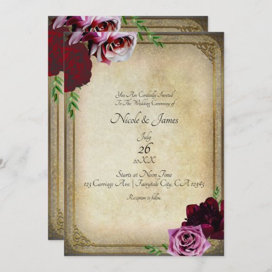 ヴィンテージエレガントストーリーブックDark Pinkフローラ結婚ズ 招待状 (正面/裏面)