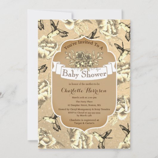 ヴィンテージエレガントセピアフローラ&ハミングバード 招待状 (正面)