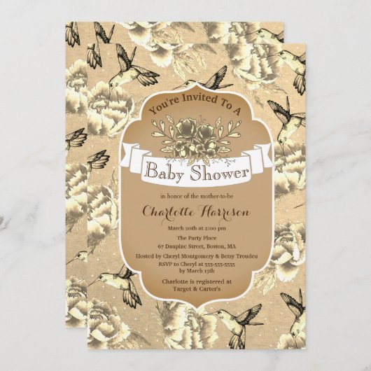 ヴィンテージエレガントセピアフローラ&ハミングバード 招待状 (正面/裏面)