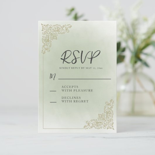 ヴィンテージエレガントセージ緑の金ゴールド結婚ズ 出欠カード (スタンド正面)