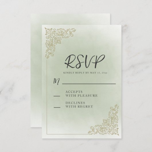 ヴィンテージエレガントセージ緑の金ゴールド結婚ズ 出欠カード (正面/裏面)