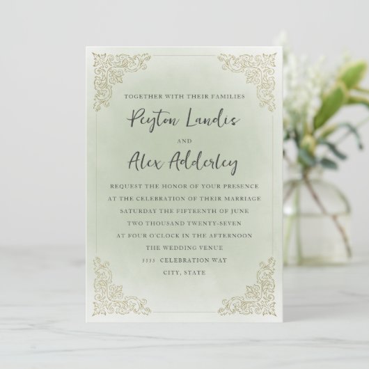 ヴィンテージエレガントセージ緑金ゴールド 招待状 (スタンド正面)