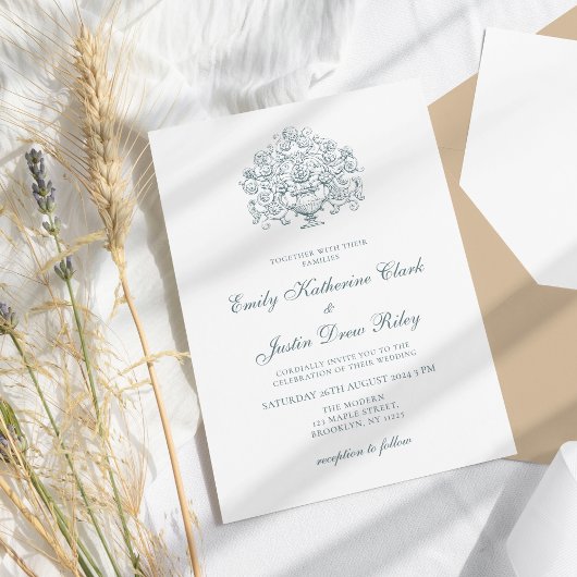 ヴィンテージエレガントダスティブルーバロ結婚ーク 招待状