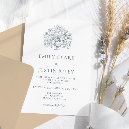 ヴィンテージエレガントダスティブルーバロ結婚ーク 招待状