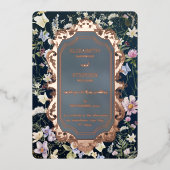 ヴィンテージエレガントダスティブルーフローラ結婚ズ 箔招待状 (正面)