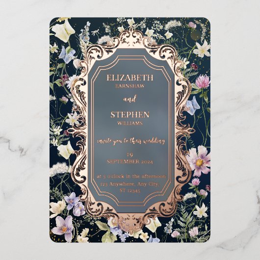 ヴィンテージエレガントダスティブルーフローラ結婚ズ 箔招待状 (正面)