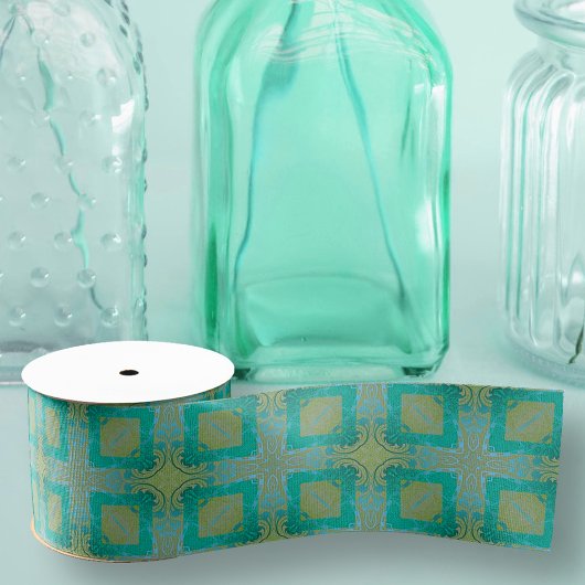 ヴィンテージエレガントダマスクアラベスクティール（緑がかった色）と金ゴールド グログランリボン