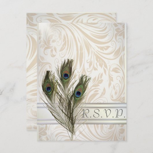 ヴィンテージエレガントダマスクピーコック結婚式RSVP インビテーションポストカード (正面/裏面)