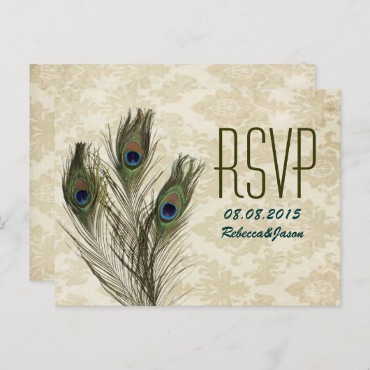 ヴィンテージエレガントダマスクピーコック結婚式RSVP インビテーションポストカード (正面/裏面)