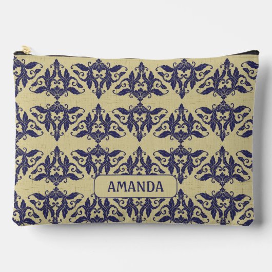 ヴィンテージエレガントダマスク海軍ブルーイエローモノグラム アクセサリーポーチ (正面)
