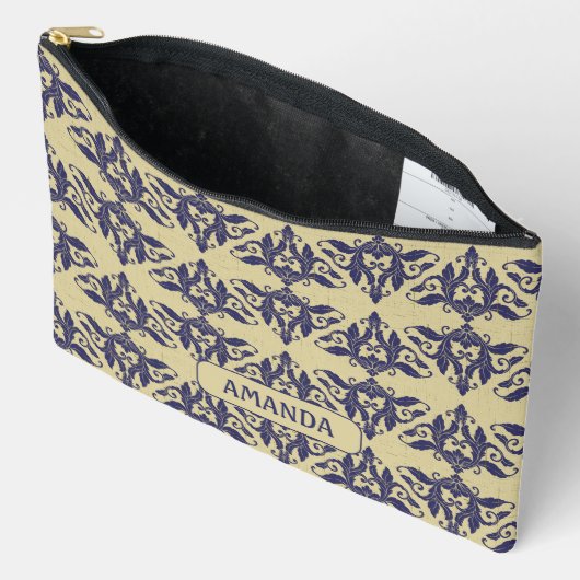 ヴィンテージエレガントダマスク海軍ブルーイエローモノグラム アクセサリーポーチ (見開き)