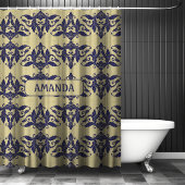 ヴィンテージエレガントダマスク海軍ブルーイエローモノグラム シャワーカーテン