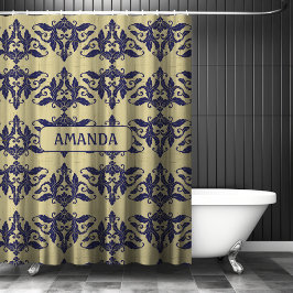 ヴィンテージエレガントダマスク海軍ブルーイエローモノグラム シャワーカーテン