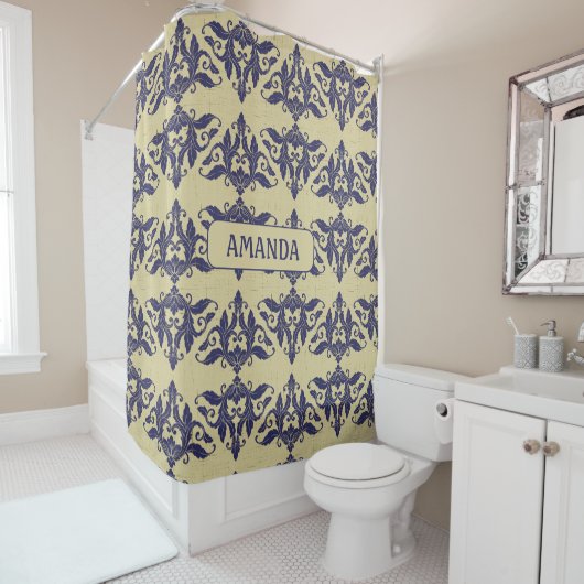 ヴィンテージエレガントダマスク海軍ブルーイエローモノグラム シャワーカーテン (インサイチュ)