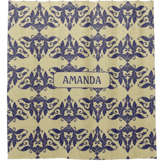 ヴィンテージエレガントダマスク海軍ブルーイエローモノグラム シャワーカーテン (正面)