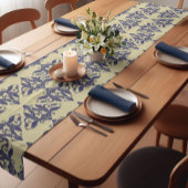 ヴィンテージエレガントダマスク海軍ブルーイエローモノグラム ショートテーブルランナー