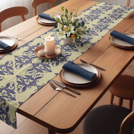 ヴィンテージエレガントダマスク海軍ブルーイエローモノグラム ショートテーブルランナー