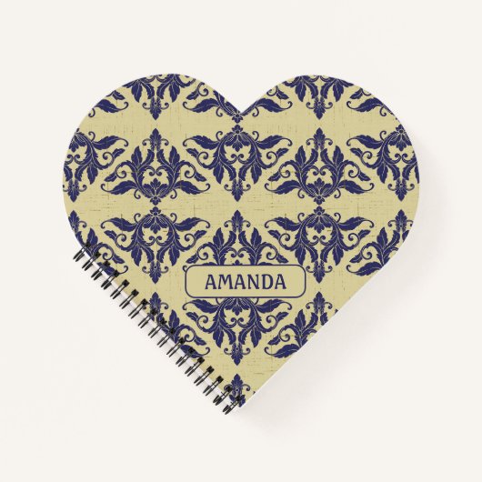 ヴィンテージエレガントダマスク海軍ブルーイエローモノグラム ノートブック (正面)