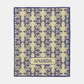 ヴィンテージエレガントダマスク海軍ブルーイエローモノグラム フリースブランケット (正面)
