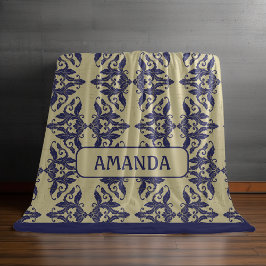 ヴィンテージエレガントダマスク海軍ブルーイエローモノグラム フリースブランケット