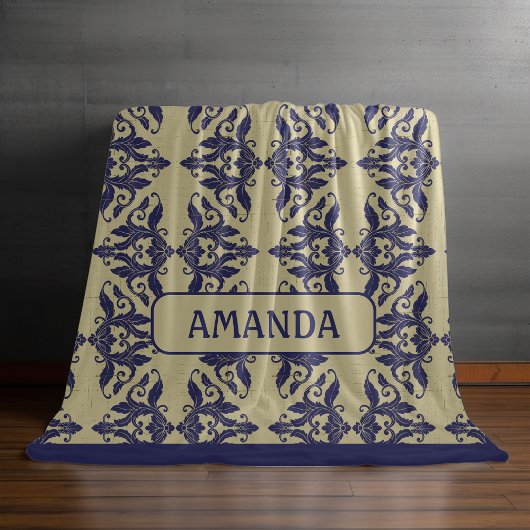 ヴィンテージエレガントダマスク海軍ブルーイエローモノグラム フリースブランケット