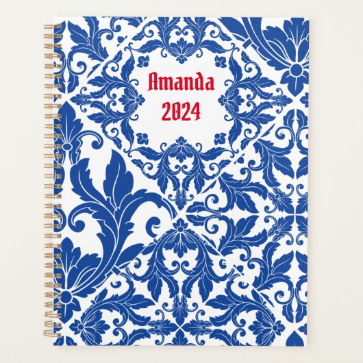 ヴィンテージエレガントダマスク海軍ブルーイエローモノグラム プランナー手帳 (正面)